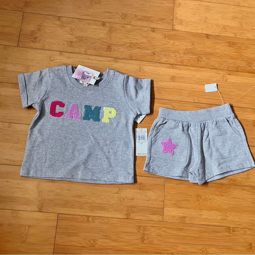 NWT Girls Size 3T Camp Outfit - Knit Top Shirt & Pull On Shorts